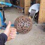 Misfit sphere getting a thumbs up outside Rusty Creations workshop